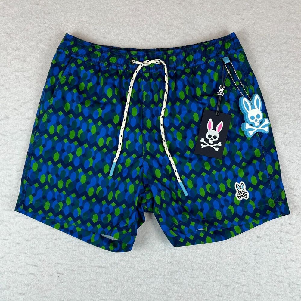 New NWT Mens Psycho Bunny Geometric Swim Trunks Suit Board Shorts Size XXS